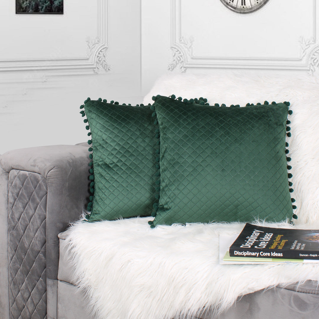 Both Side with PomPom Quilted Velvet Cushion Cover (Set of 2), Green