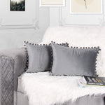 Load image into Gallery viewer, Velvet Cushion Covers Adorned With Pom Poms Rectangular Set of 2 ,Grey