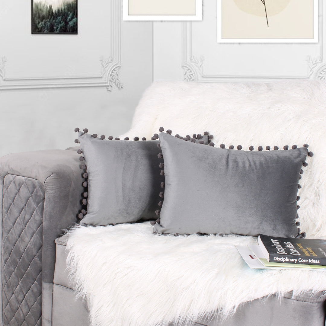 Velvet Cushion Covers Adorned With Pom Poms Rectangular Set of 2 ,Grey