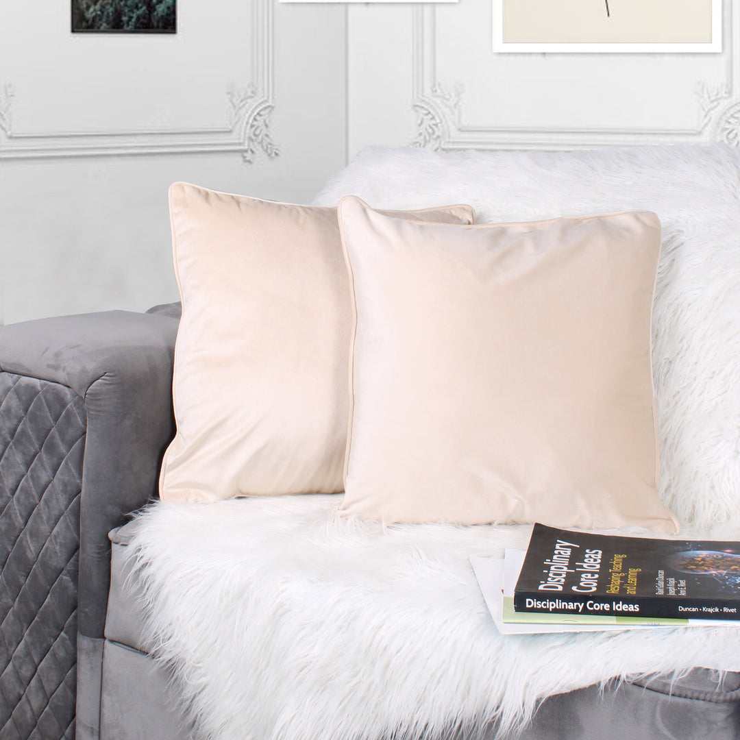 Velvet Cushion Cover With Piping - Perfect for Home Décorr (Set of 2), Beige
