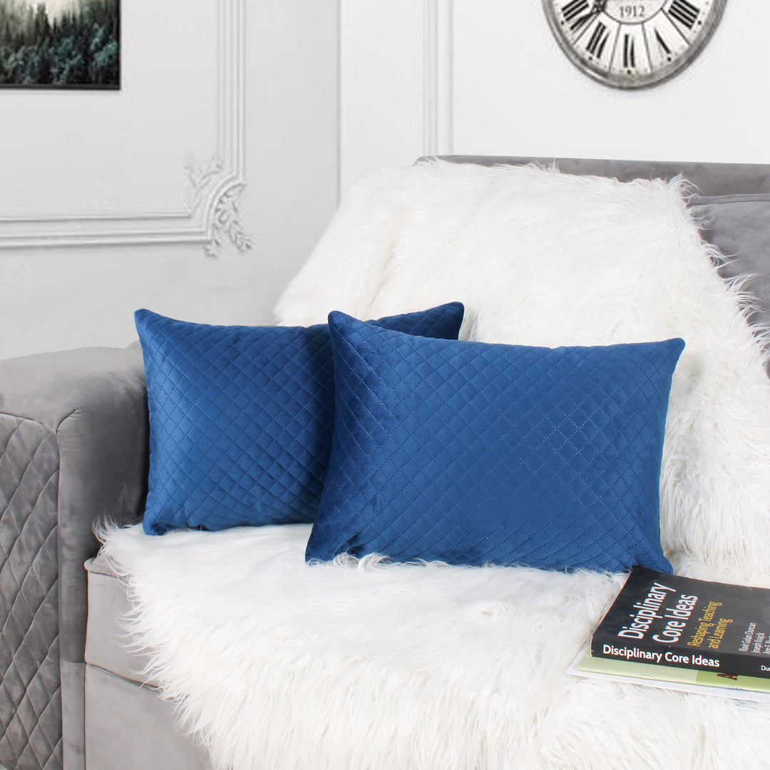 Both Side Quilted Velvet Rectangular Cushion Cover (Set of 2), Blue