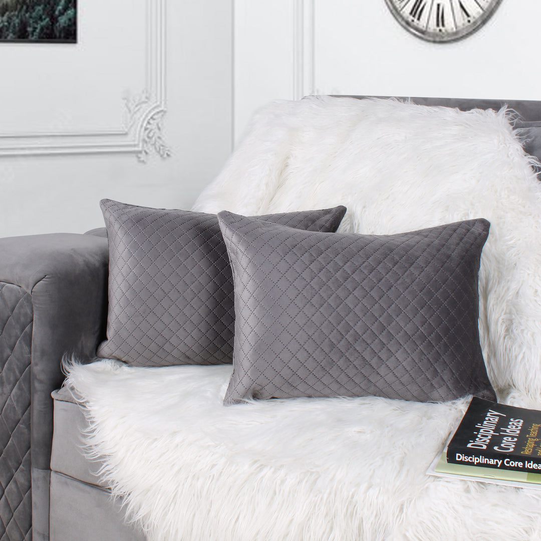 Both Side Quilted Velvet Rectangular Cushion Cover (Set of 2), Grey