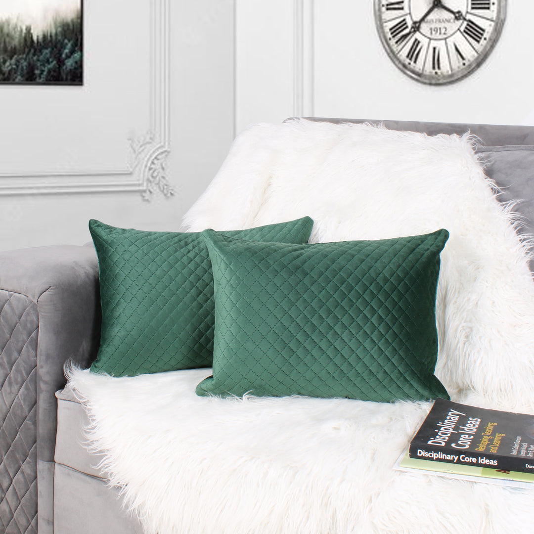 Both Side Quilted Velvet Rectangular Cushion Cover (Set of 2), Green