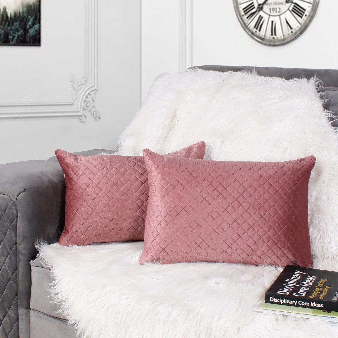 Both Side Quilted Velvet Rectangular Cushion Cover (Set of 2), Peach