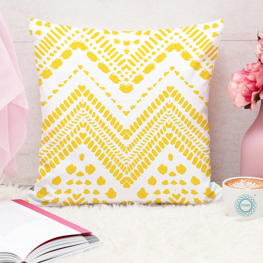 Yellow Geometrical Printed Canvas Cotton Cushion Covers, Set of 5
