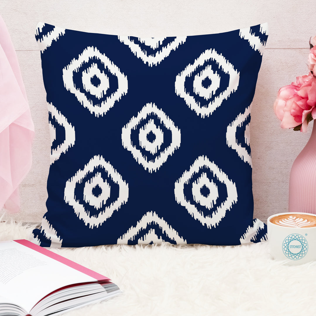 Ikat Blue Geometric Printed Cotton Canvas Cushion Cover Pack of 2 ( 24 x 24 Inches )