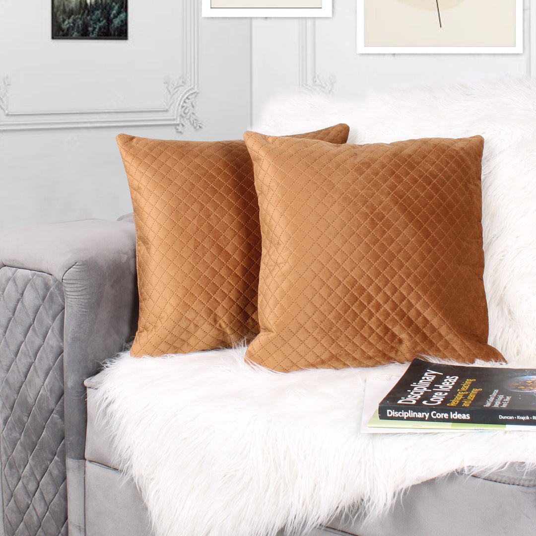 Both Side Quilted Velvet Cushion Cover (Set of 2), Brown