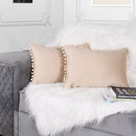 Load image into Gallery viewer, Both Side with PomPom Quilted Velvet Rectangular Cushion Cover (Set of 2), Beige
