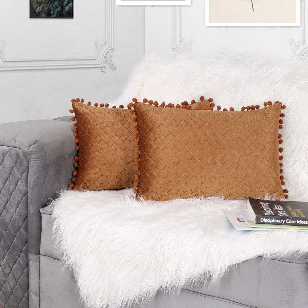 Both Side with PomPom Quilted Velvet Rectangular Cushion Cover (Set of 2), Brown