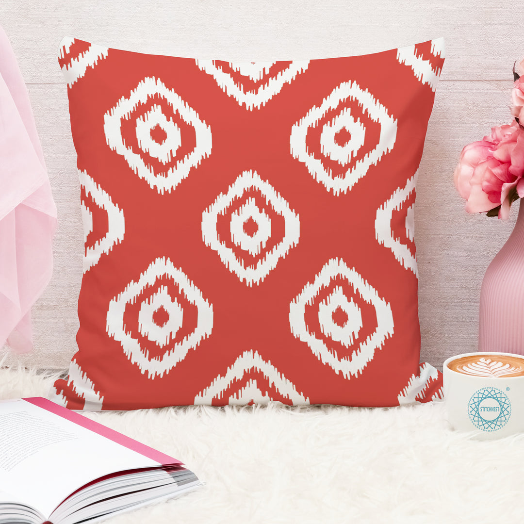 Red Geometrical Ikat Ethnic Printed Canvas Cotton Cushion Covers, Set of 5