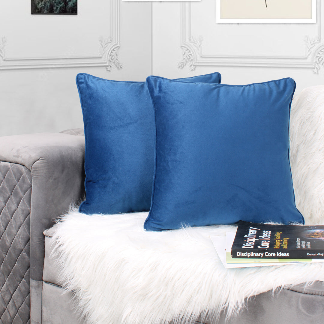 Velvet Cushion Cover With Piping - Perfect for Home Décor (Set of 2), Blue