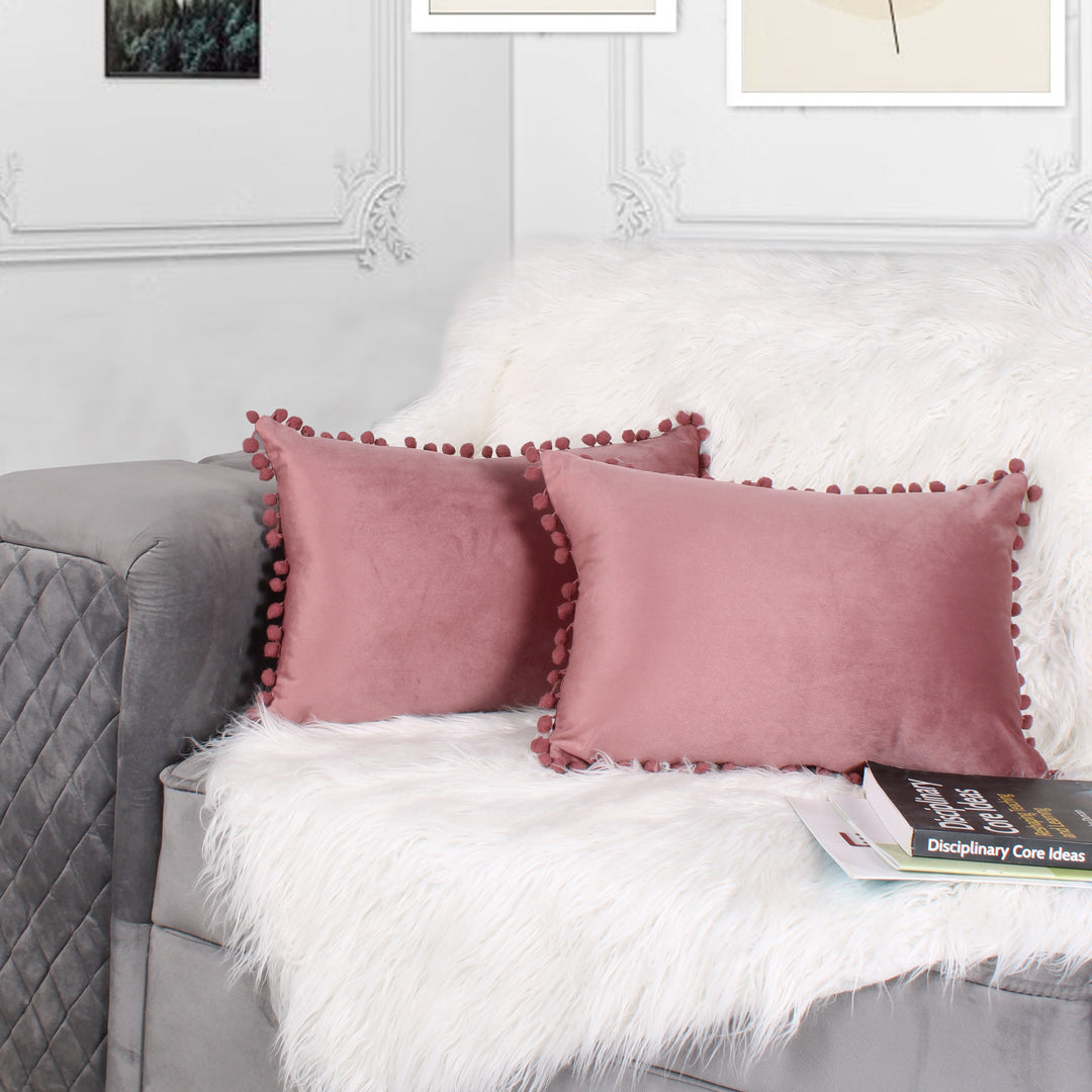 Velvet Cushion Covers Adorned With Pom Poms Rectangular Set of 2 ,Peach