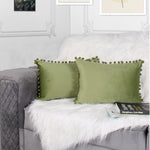 Load image into Gallery viewer, Velvet Cushion Covers Adorned With Pom Poms Rectangular Set of 2 ,Mehndi