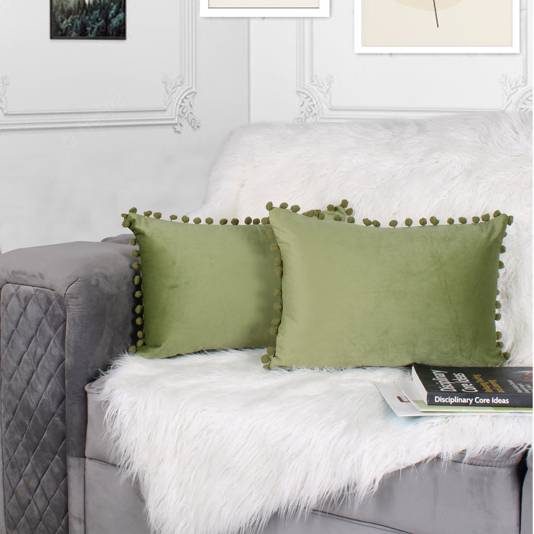 Velvet Cushion Covers Adorned With Pom Poms Rectangular Set of 2 ,Mehndi