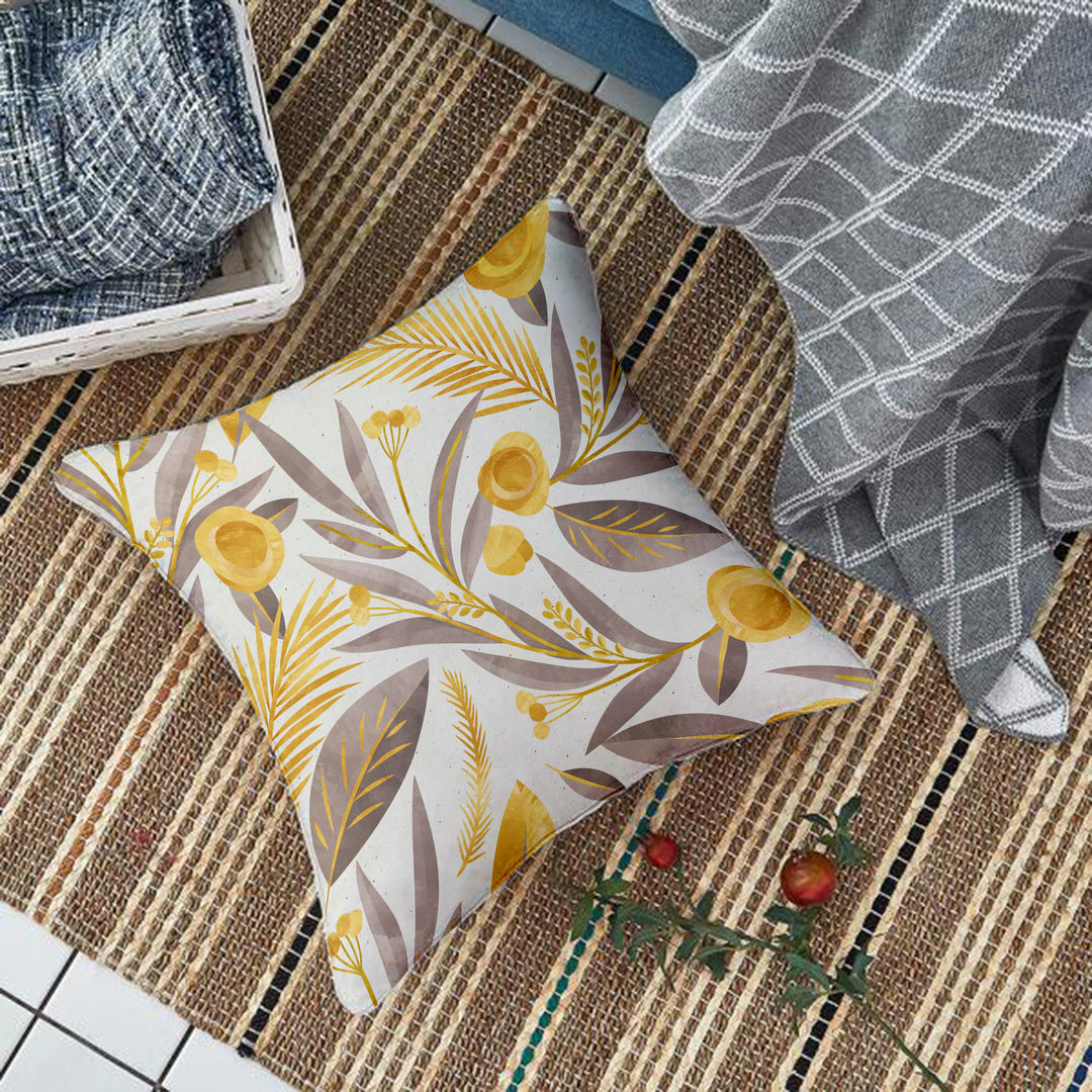 Yellow & Grey Floral Printed Canvas Cotton Cushion Covers, Set of 5