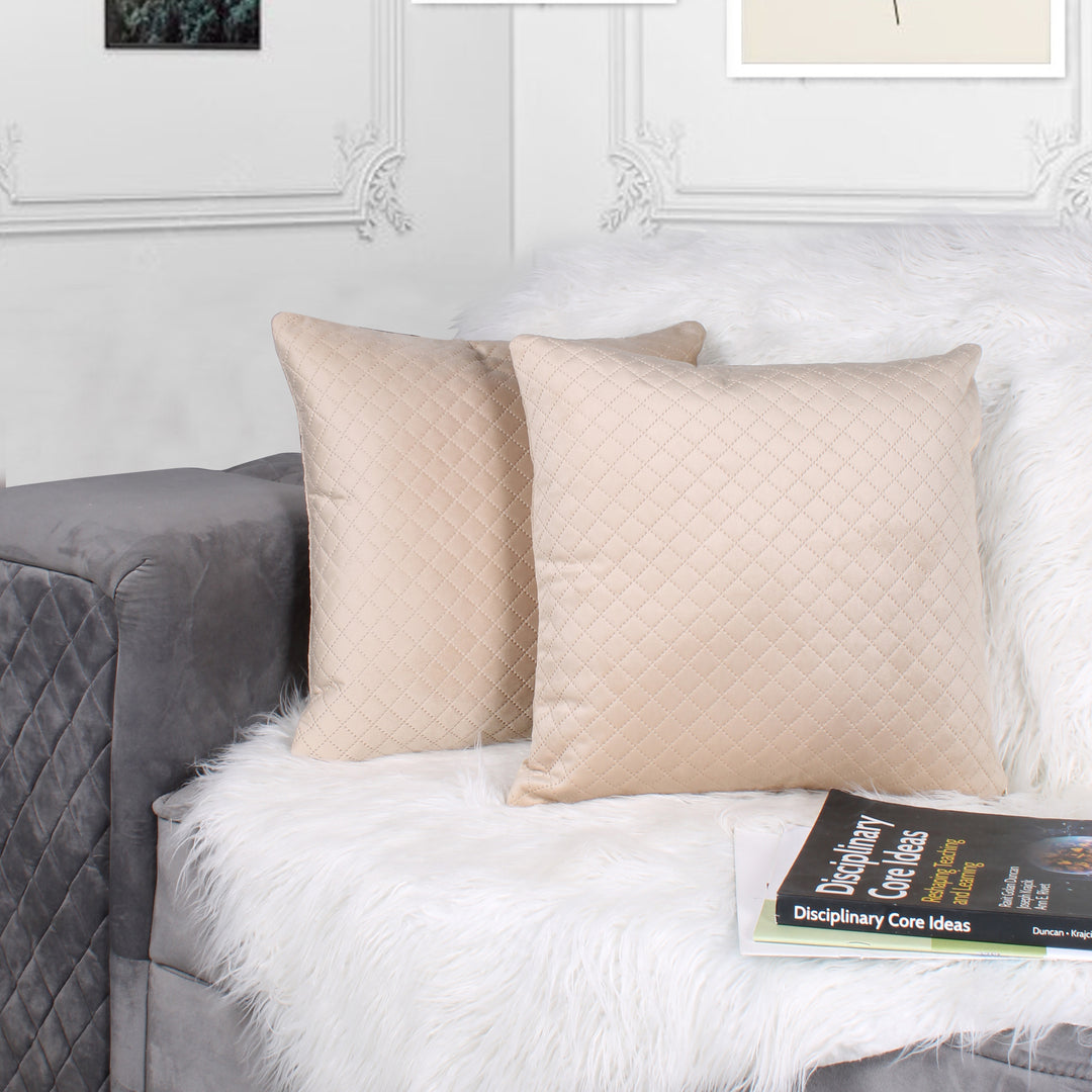 Both Side Quilted Velvet Cushion Cover (Set of 2), Beige