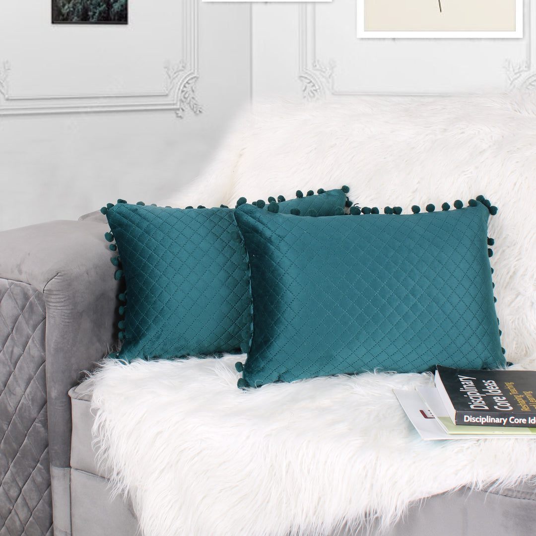 Both Side with PomPom Quilted Velvet Rectangular Cushion Cover (Set of 2), Green