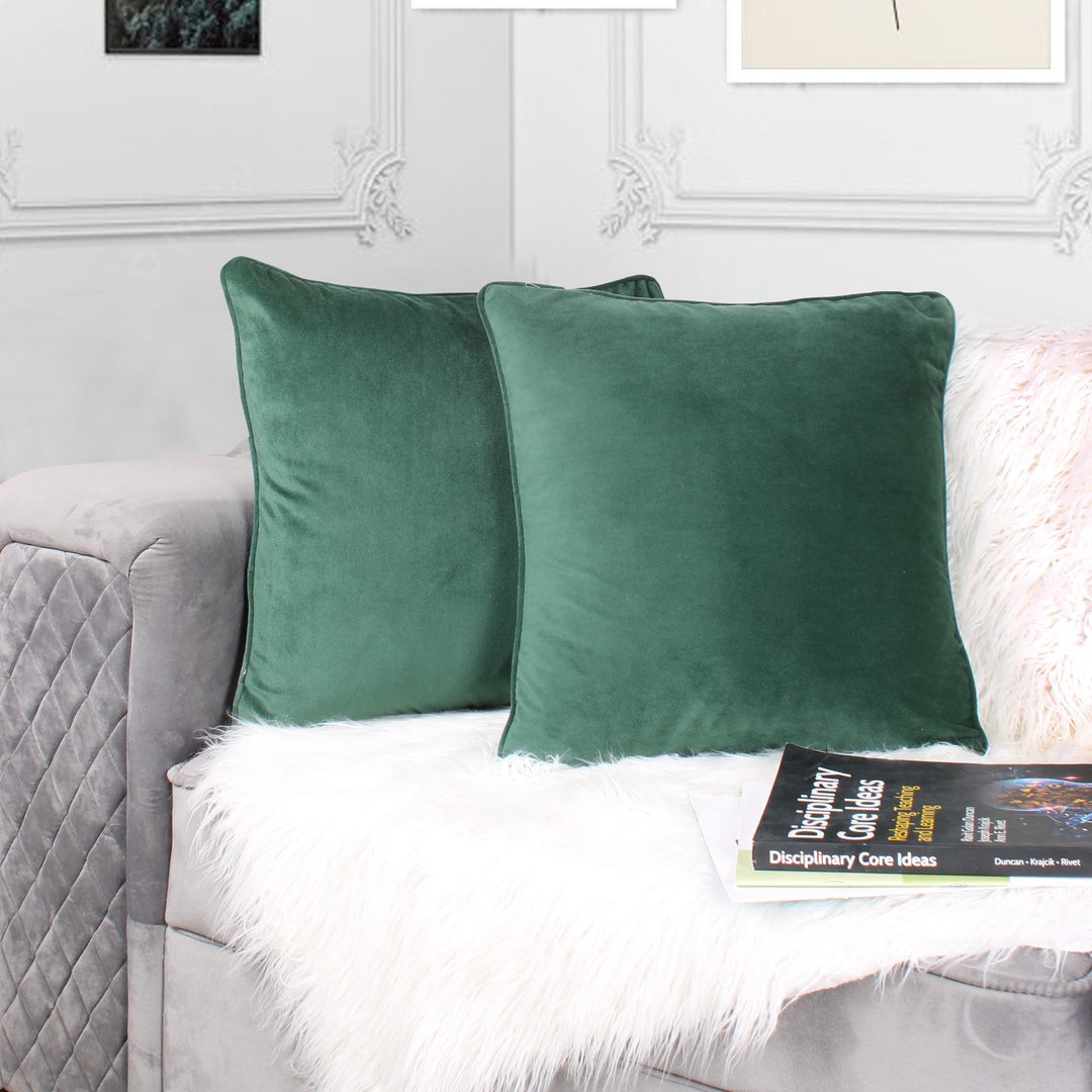 Velvet Cushion Cover with Piping - Perfect for Home Décor Set of 2, Green