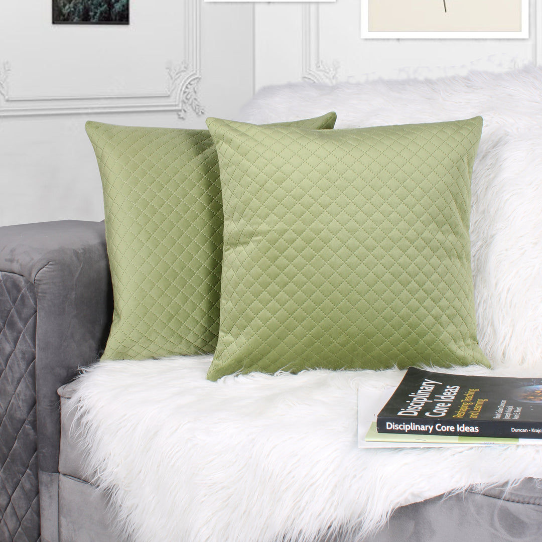 Both Side Quilted Velvet Cushion Cover (Set of 2), Mehndi