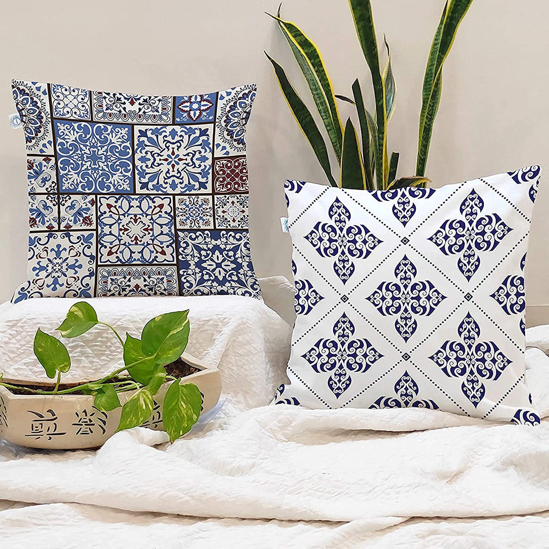 Ethnic Persian Art Box Printed Canvas Cotton Rectangular Cushion Covers, Set of 2 (24 x 24 Inches)