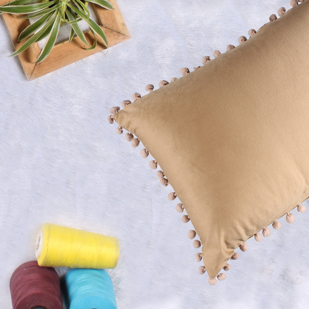 Velvet Cushion Covers Adorned With Pom Poms Rectangular Set of 2 ,Brown