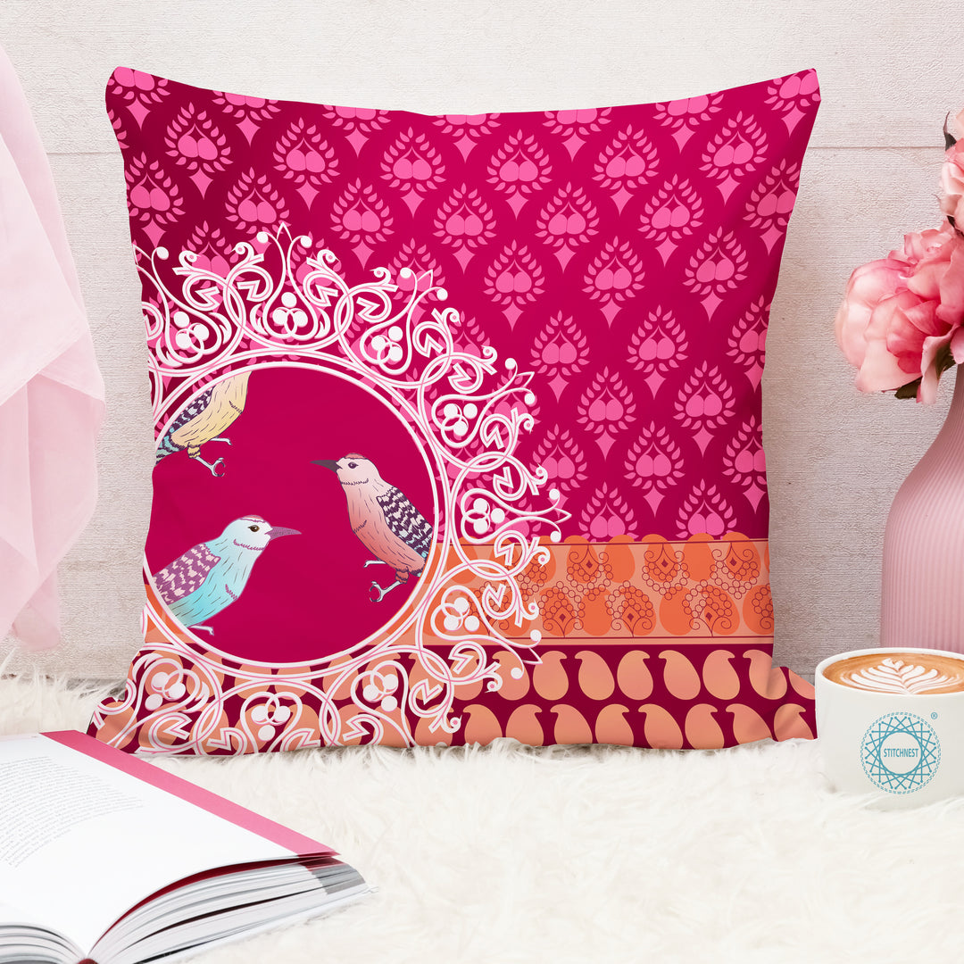 Pink Floral Bird Printed Canvas Cotton Cushion Covers, Set of 5