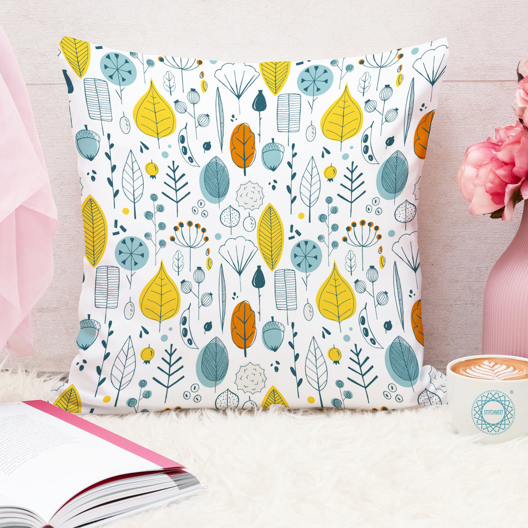 Multi-Color Leaf Printed Canvas Cotton Cushion Covers, Set of 2