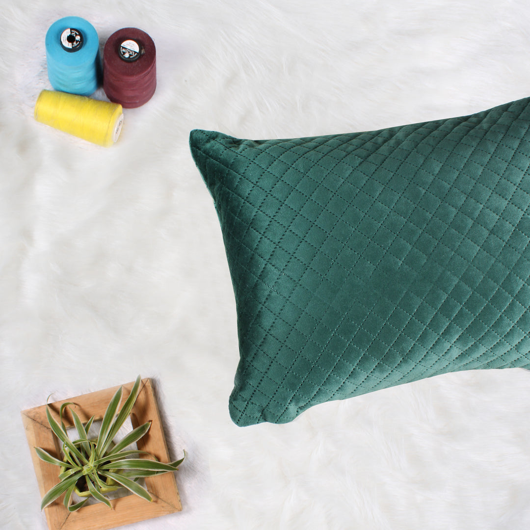 Both Side Quilted Velvet Rectangular Cushion Cover (Set of 2), Green