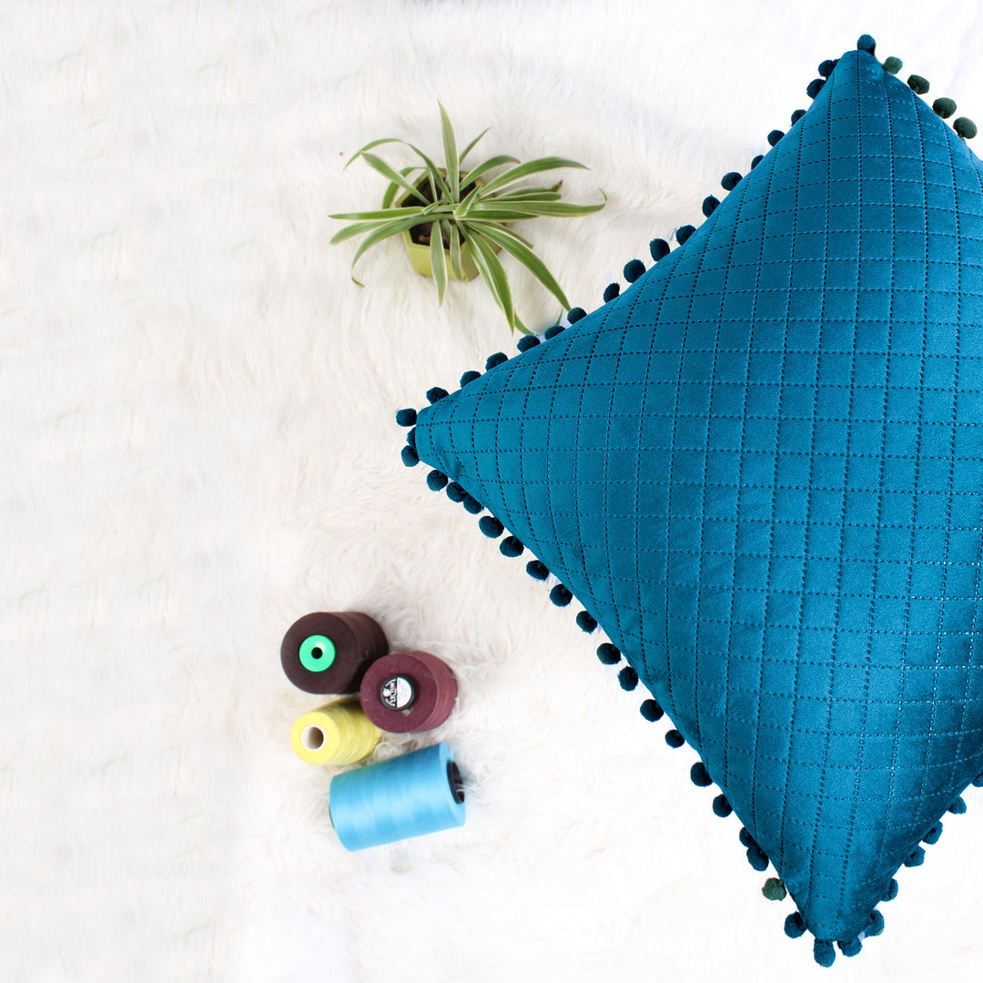 Both Side with PomPom Quilted Velvet Cushion Cover (Set of 2), Blue