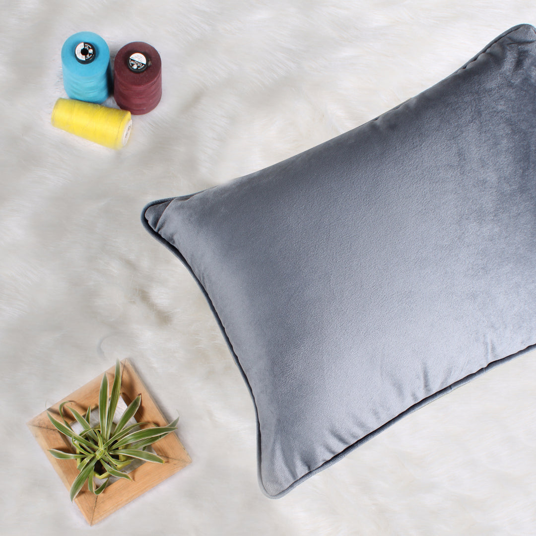 Velvet Cushion Cover With Piping - Perfect for Home Décor Rectangular (Set of 2), Grey