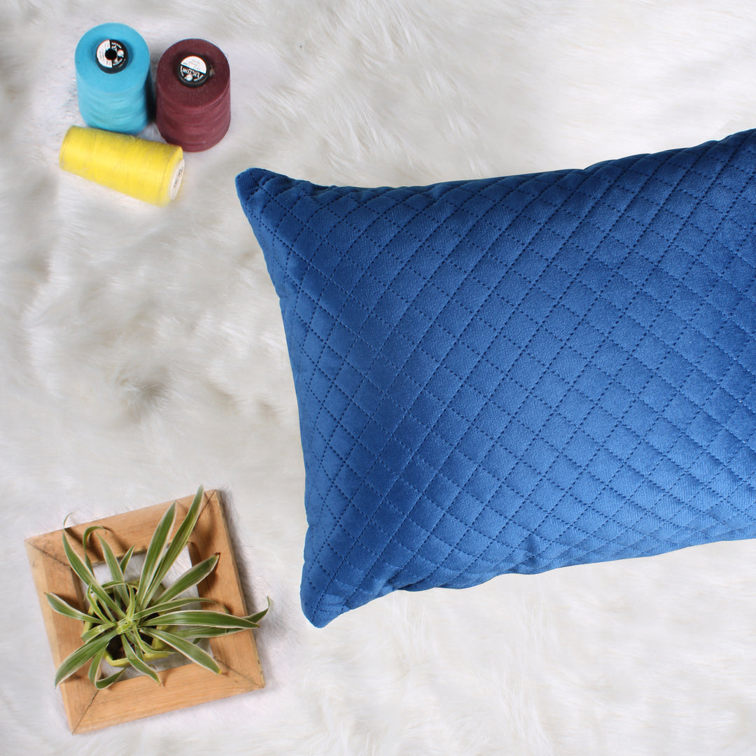 Both Side Quilted Velvet Rectangular Cushion Cover (Set of 2), Blue