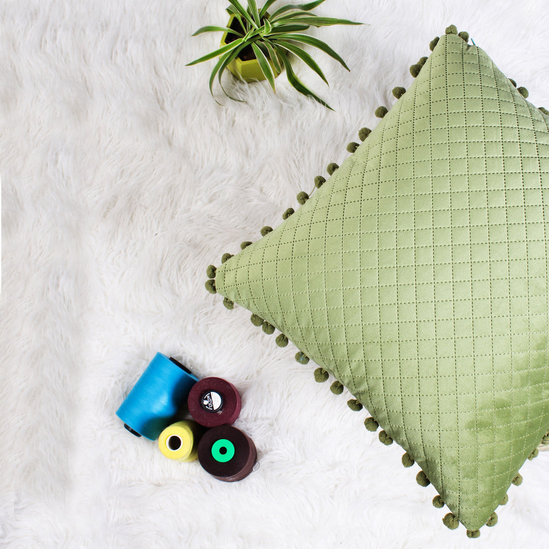Both Side with PomPom Quilted Velvet Cushion Cover (Set of 2), Mehndi