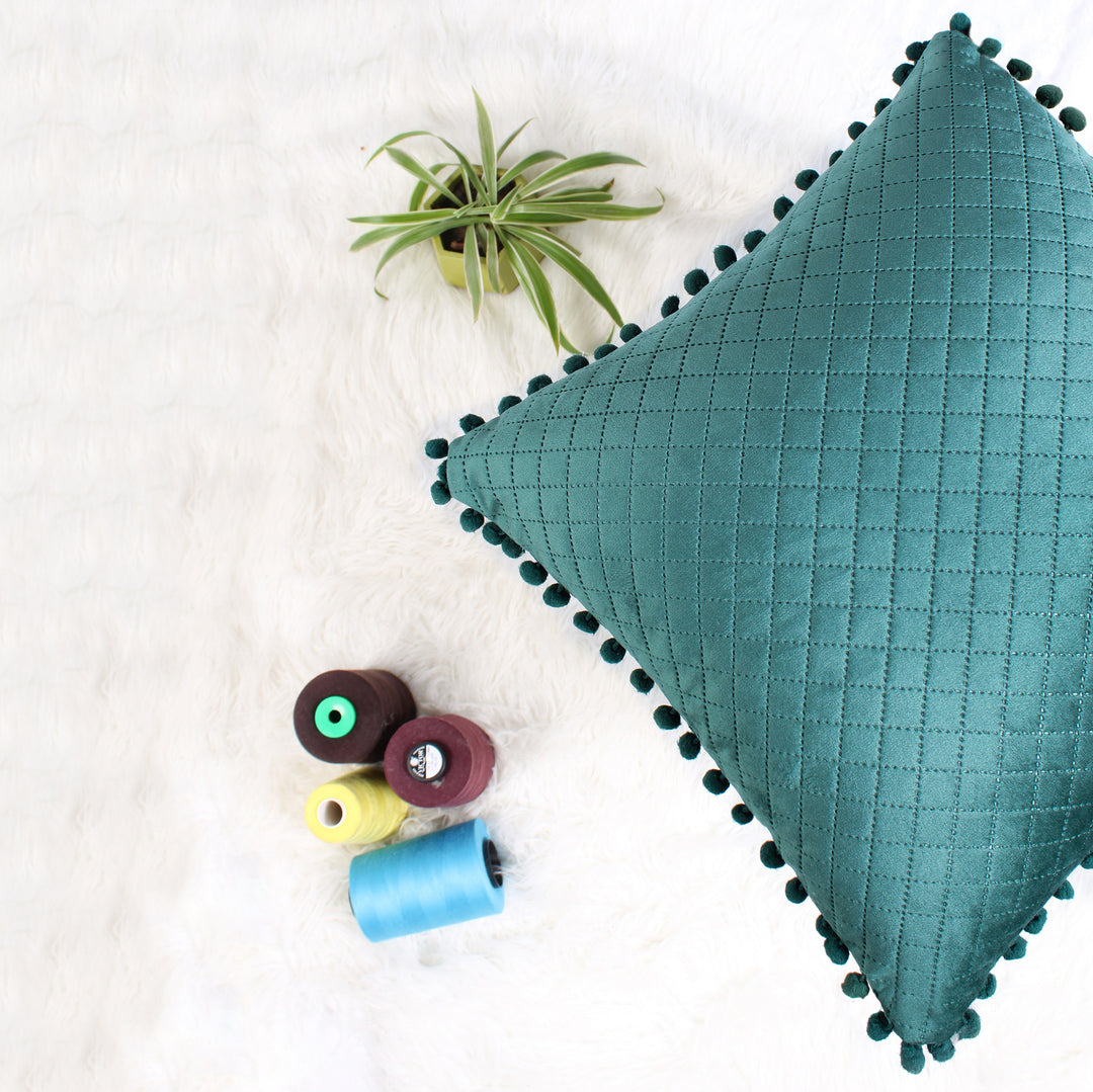 Both Side with PomPom Quilted Velvet Cushion Cover (Set of 2), Green