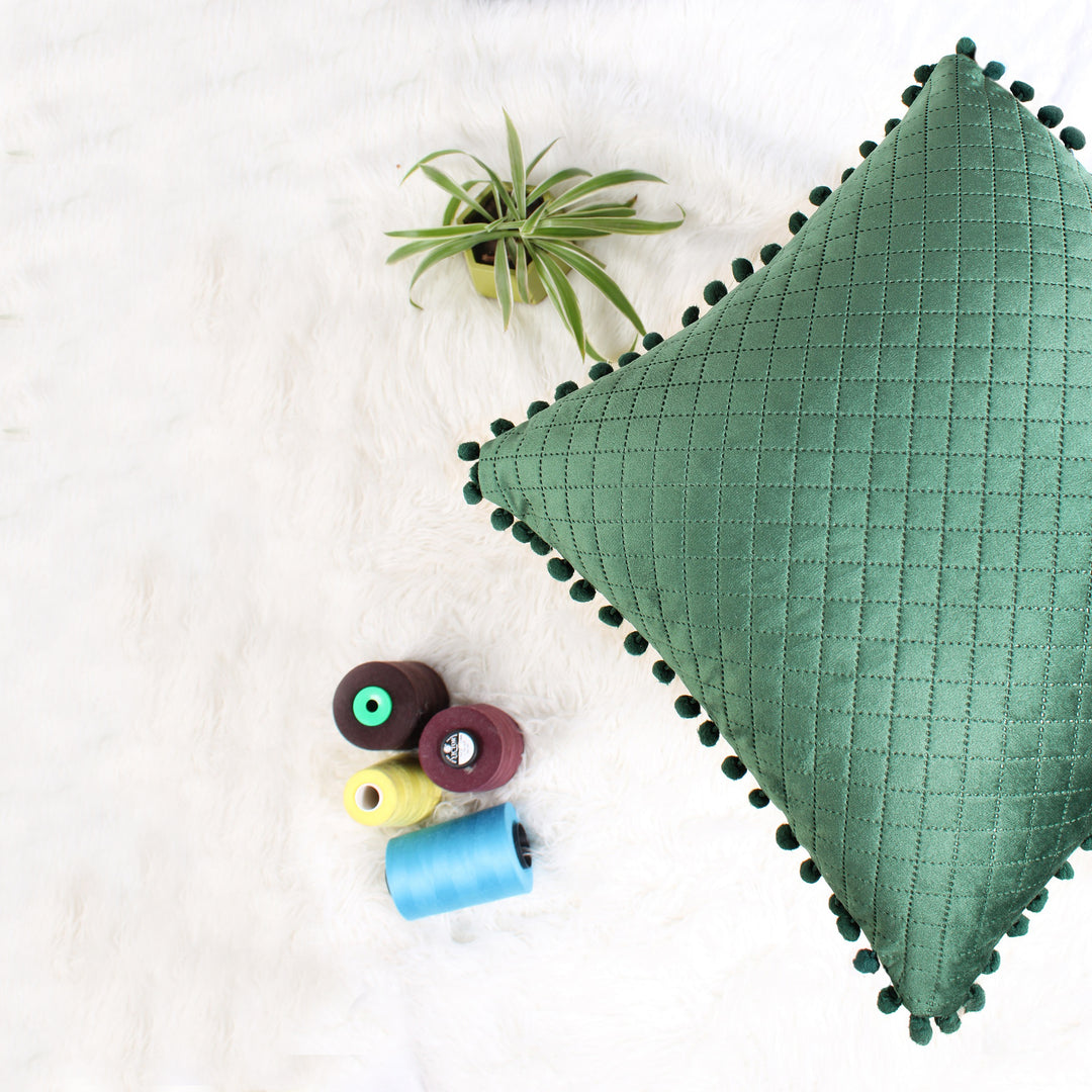 Both Side with PomPom Quilted Velvet Cushion Cover (Set of 2), Green