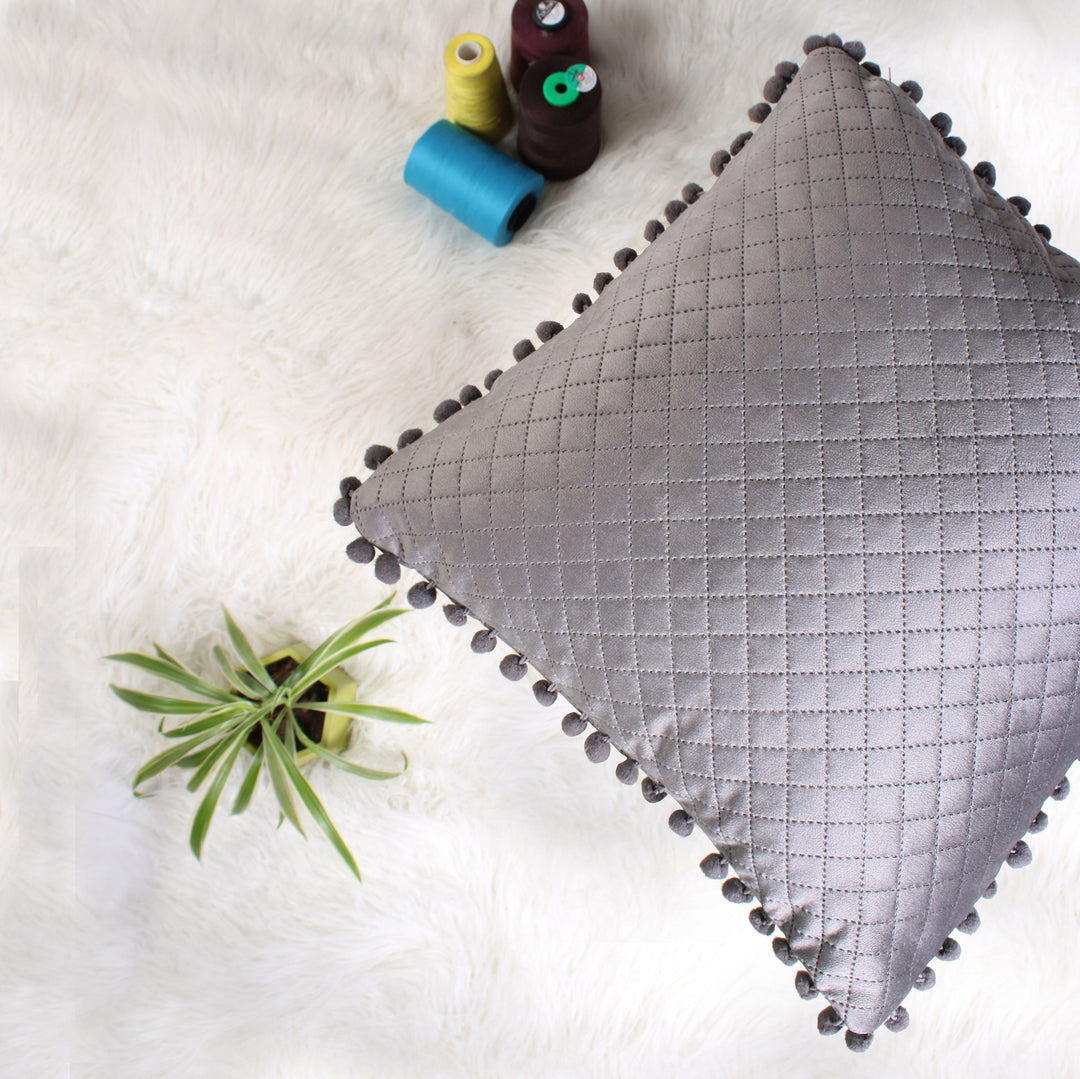 Both Side with PomPom Quilted Velvet Cushion Cover (Set of 2), Grey
