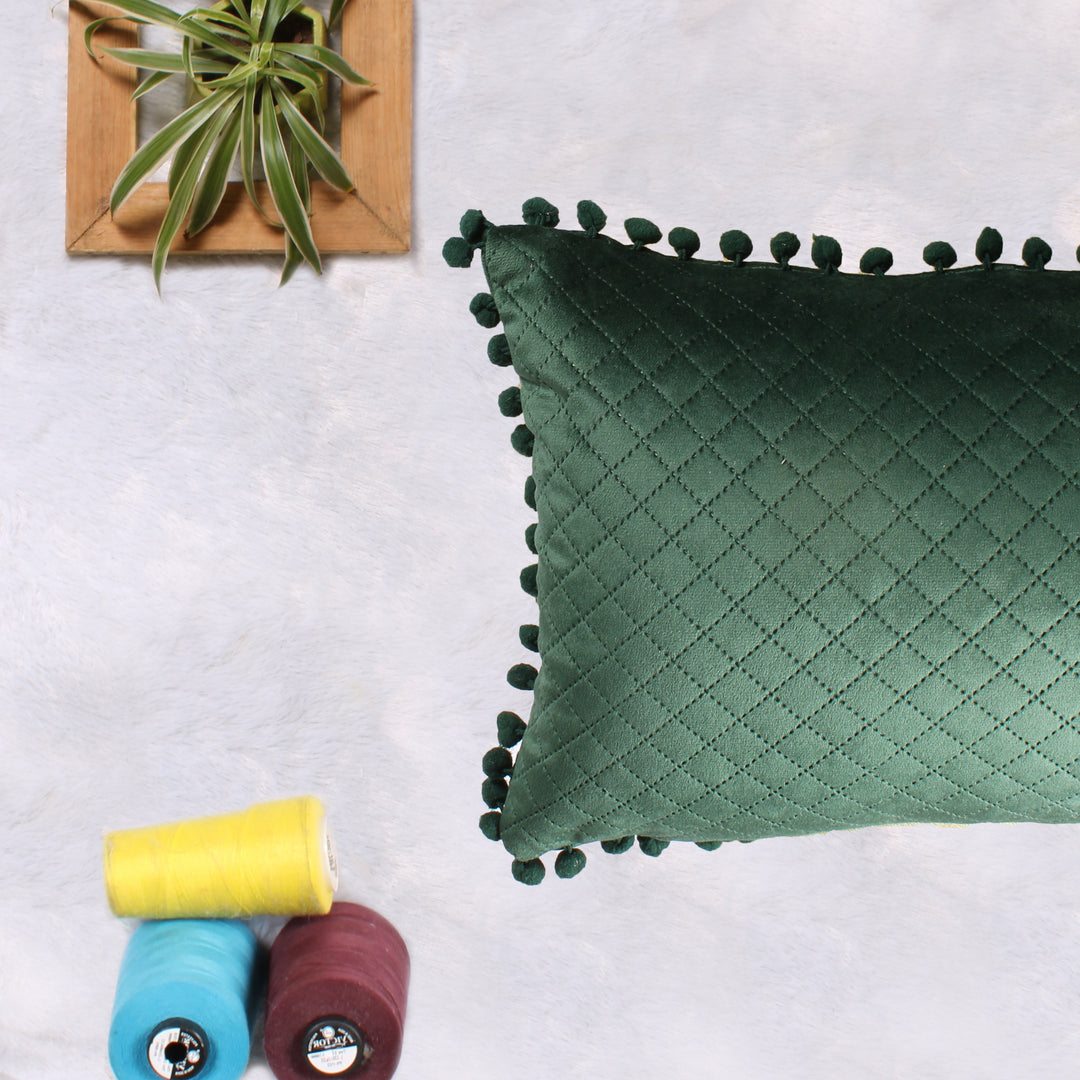 Both Side with PomPom Quilted Velvet Rectangular Cushion Cover (Set of 2), Green