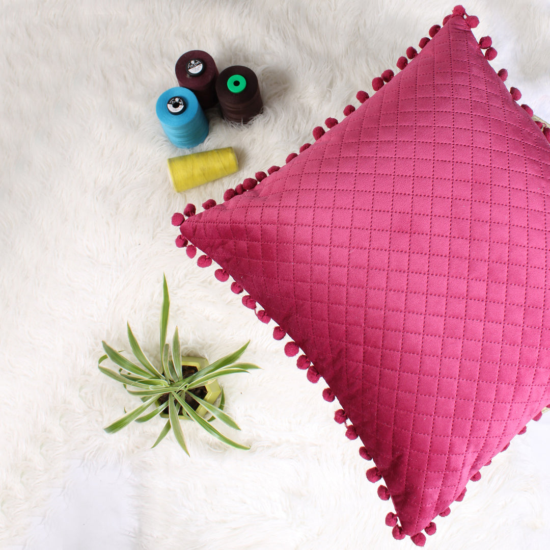 Both Side with PomPom Quilted Velvet Cushion Cover (Set of 2), Maroon