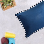 Load image into Gallery viewer, Velvet Cushion Covers Adorned With Pom Poms Rectangular Set of 2 ,Blue
