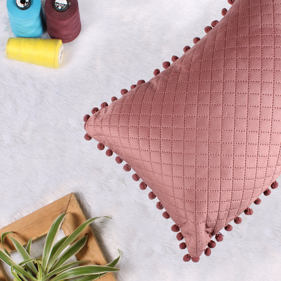 Both Side with PomPom Quilted Velvet Rectangular Cushion Cover (Set of 2), Peach