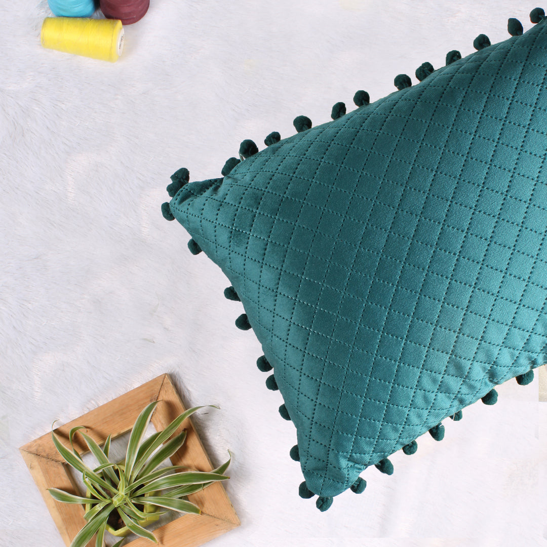 Both Side with PomPom Quilted Velvet Rectangular Cushion Cover (Set of 2), Green