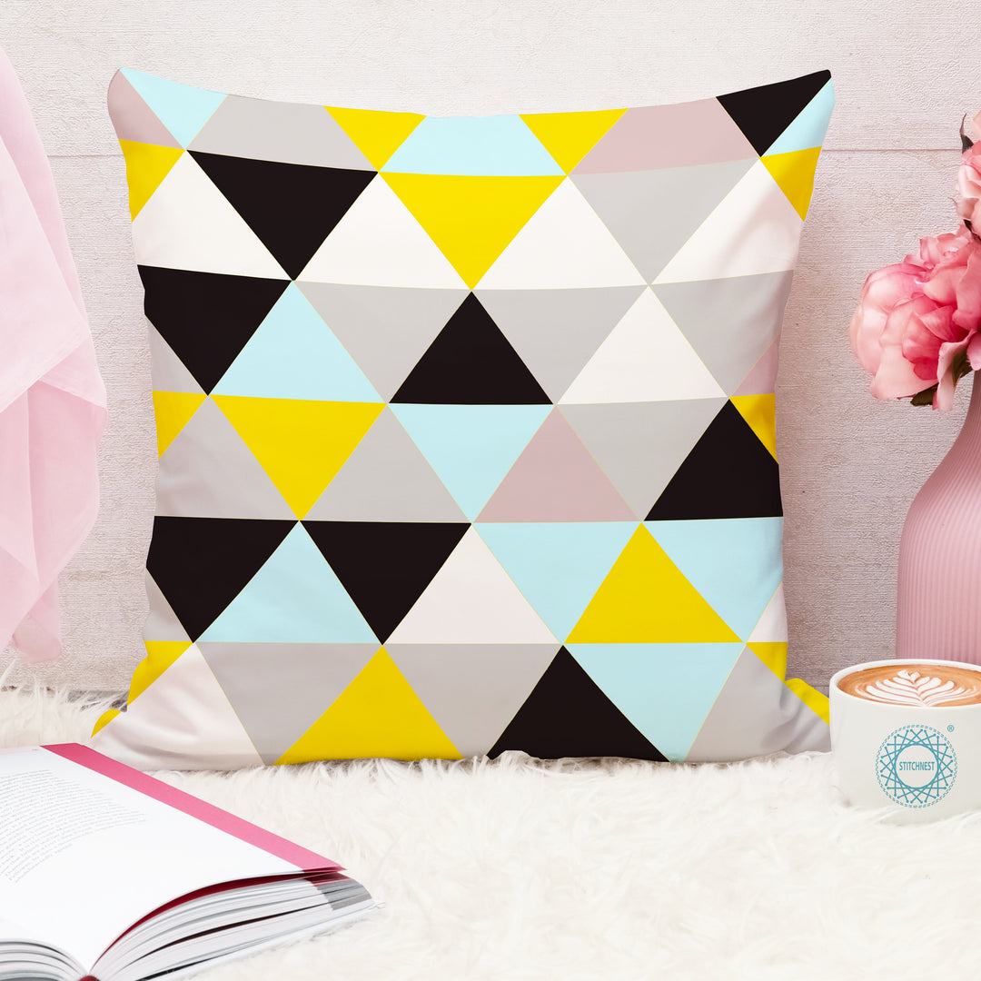 Yellow & Black Geometrical Printed Canvas Cotton Cushion Covers, Set of 5