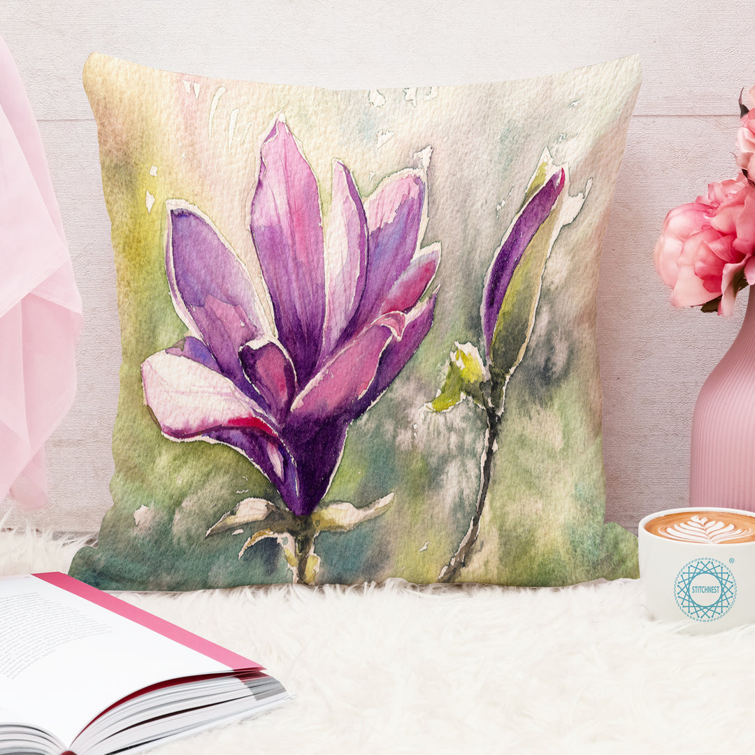 Floral Pink Flower Printed Canvas Cotton Cushion Covers, Set of 2 (24 x 24 Inches)