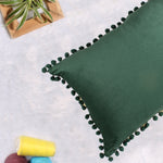 Load image into Gallery viewer, Velvet Cushion Covers Adorned With Pom Poms Rectangular Set of 2 ,Green