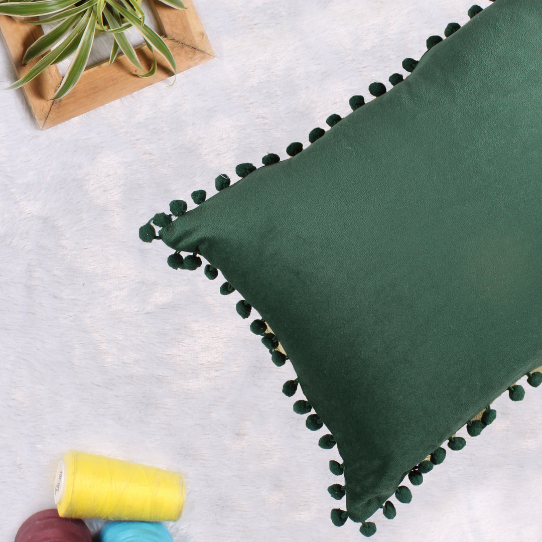 Velvet Cushion Covers Adorned With Pom Poms Rectangular Set of 2 ,Green
