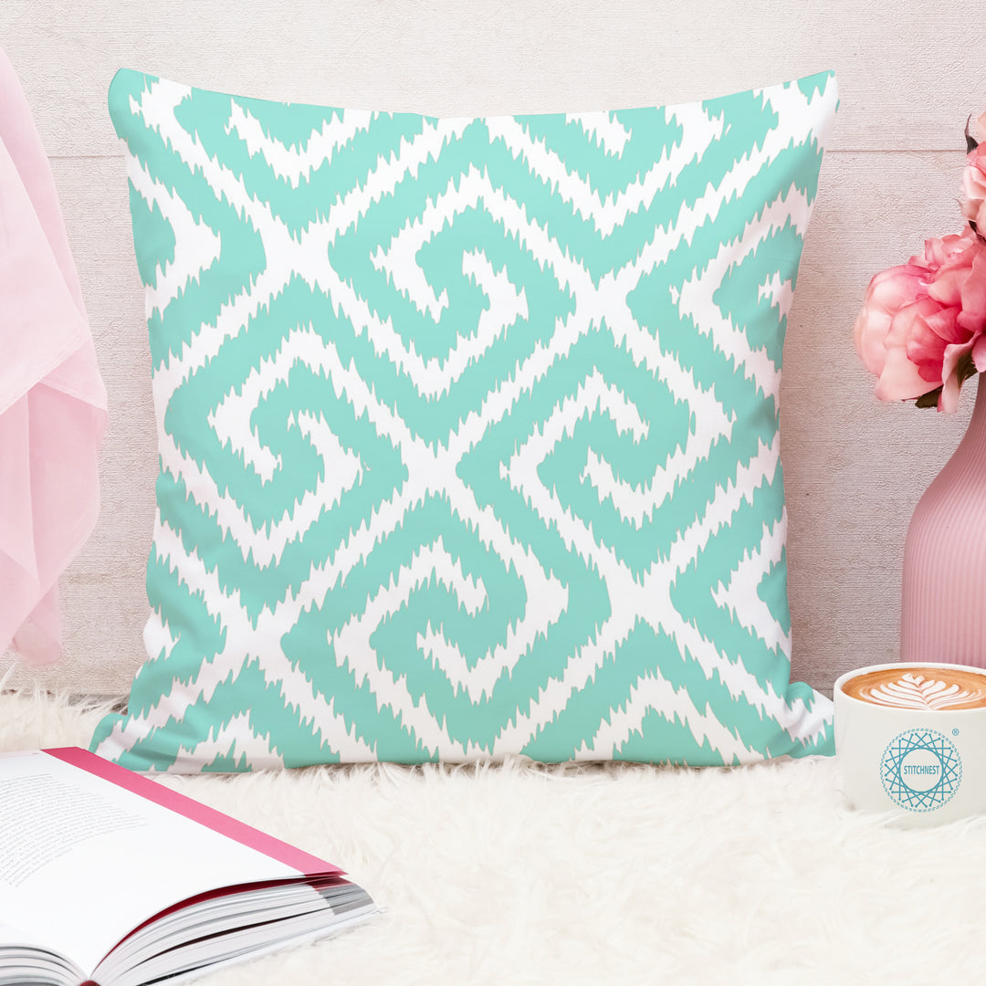 Teal Geometrical Ikat Ethnic Printed Cotton Canvas Cushion Covers, Set of 5