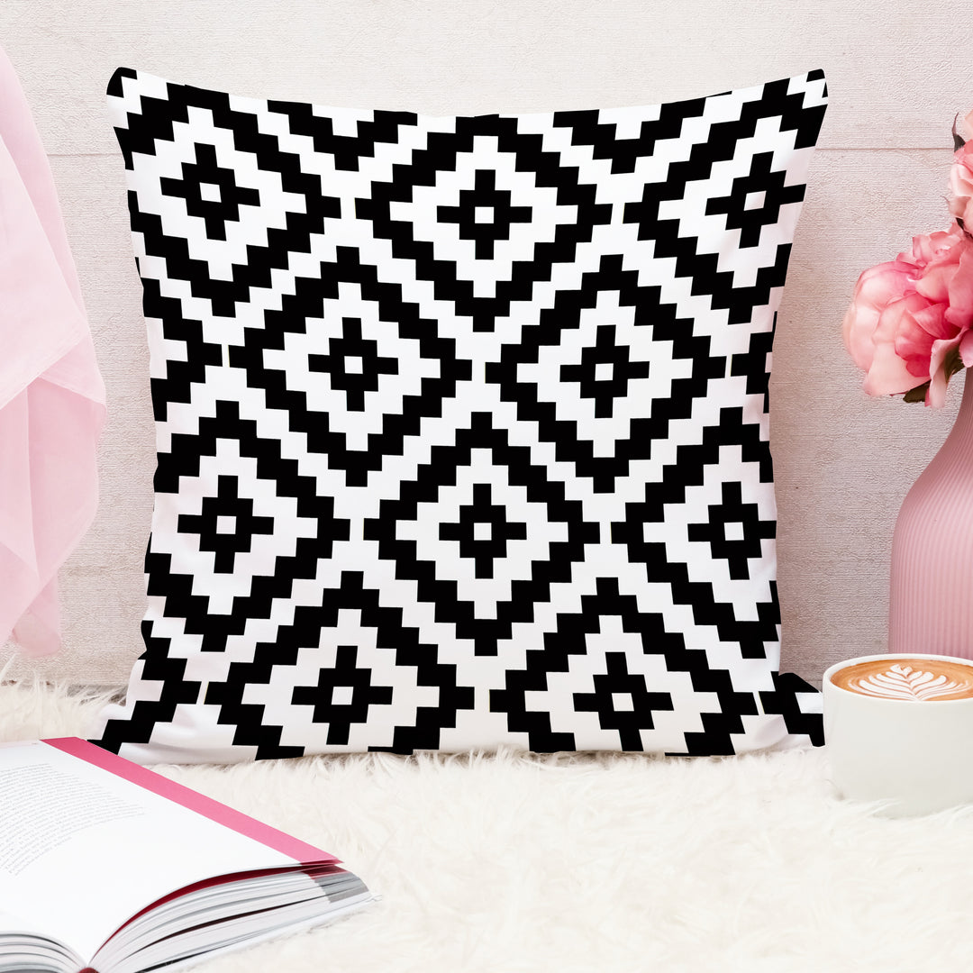 Geometric Black and White Printed Canvas Cotton Cushion Cover, Set of 2 ( 24 x 24 Inches )