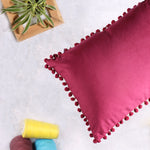 Load image into Gallery viewer, Velvet Cushion Covers Adorned With Pom Poms Rectangular Set of 2 ,Maroon