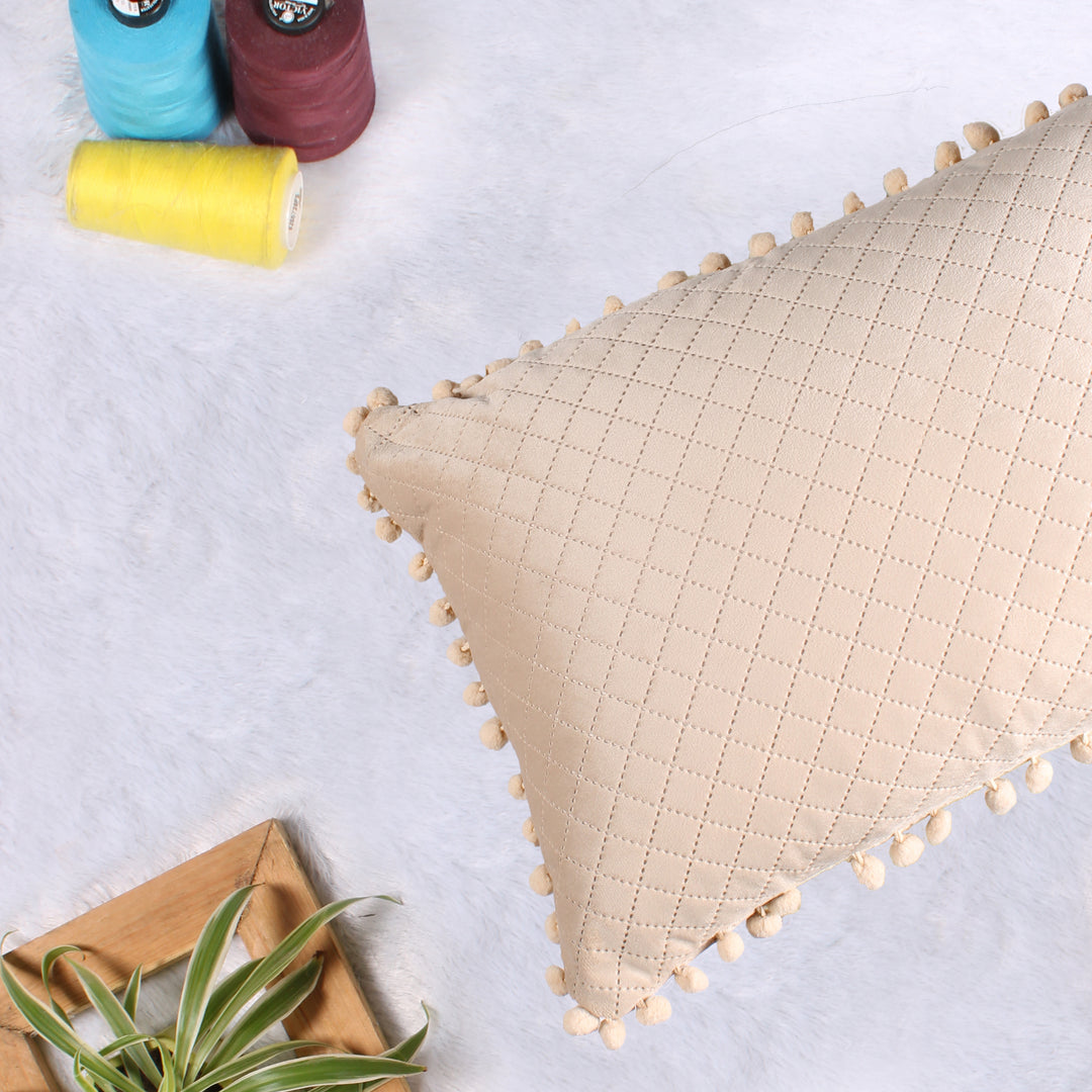 Both Side with PomPom Quilted Velvet Rectangular Cushion Cover (Set of 2), Beige
