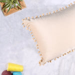 Load image into Gallery viewer, Velvet Cushion Covers Adorned With Pom Poms Rectangular Set of 2 ,Beige