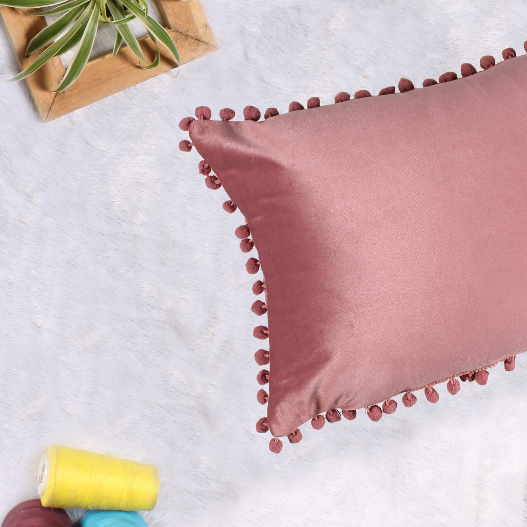 Velvet Cushion Covers Adorned With Pom Poms Rectangular Set of 2 ,Peach